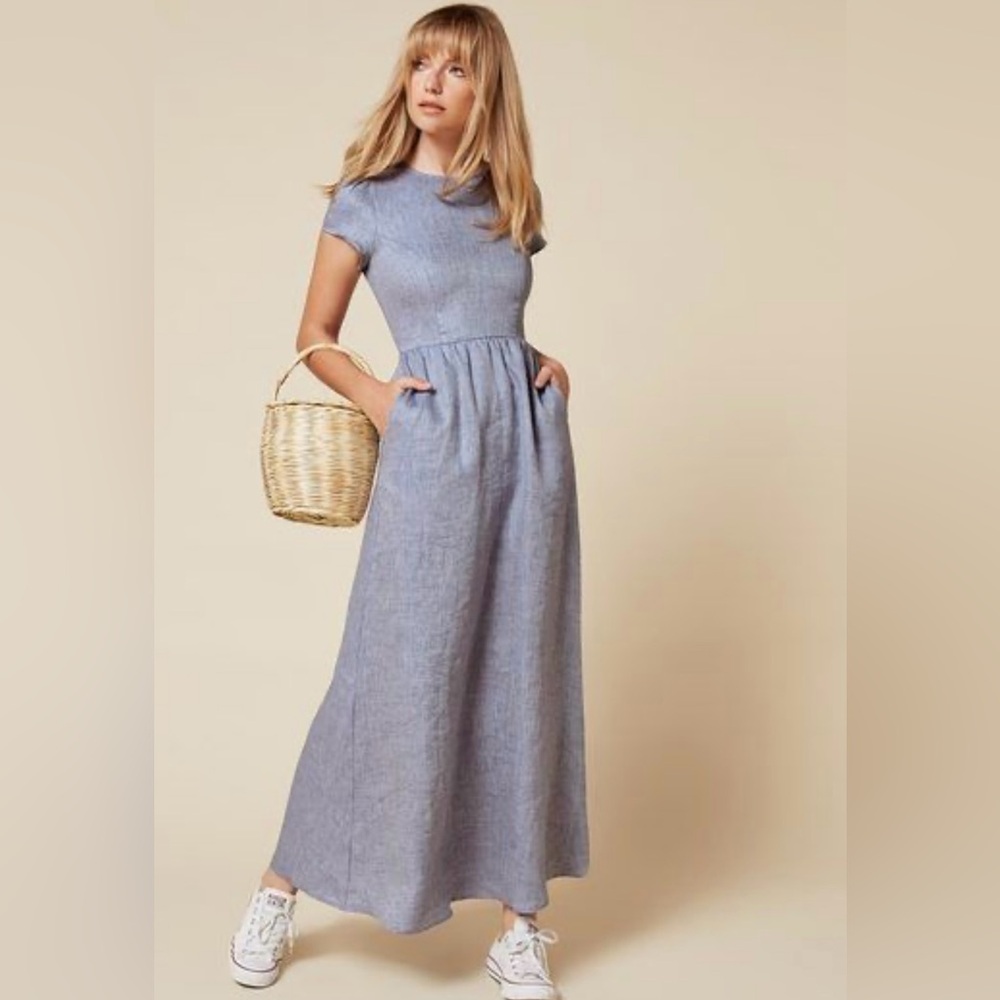 Reformation Women’s Blue, Long, Short Sleeve Dress With Pockets Size 10